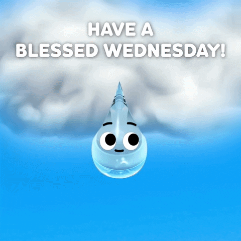 Digital illustration gif. Water droplet smiles as it falls from a cloud into a smiling pot of dirt where a white flower quickly shoots up and blooms. Text, "Have a blessed Wednesday!'
