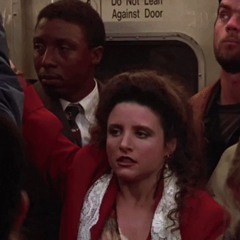 Seinfeld gif. We see scenes of Julia Louis-Dreyfus as Elaine labeled with days of the week. Monday, Elaine looks exasperated on the subway. Tuesday, Elaine pulls her face down in dread. Wednesday, Elaine stands in the rain and says, “dammit.” Thursday, Elaine wiggles her pencil, making it look like rubber. Friday, a celebrating Elaine dances awkwardly.