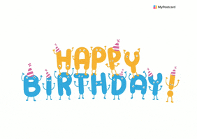 Text gif. A bunch of yellow and blue letters with legs, arms, and googly eyes wave with both hands and sway side to side, spelling the words, "Happy Birthday," against a white background. 
