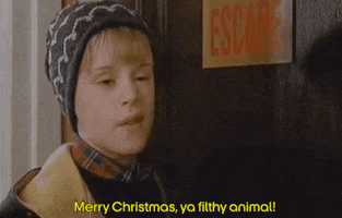 Movie gif. Macaulay Culkin as Kevin in Home Alone snarls and says, "Merry Christmas, ya filthy animal!" and then pushes through a door labeled "escape."