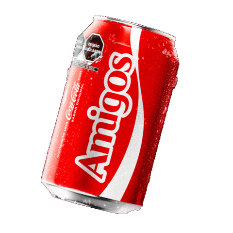 Sponsored gif. A red can of Coca-Cola with the word "Amigos" slides in from the left, pauses, and slides to the right offscreen.