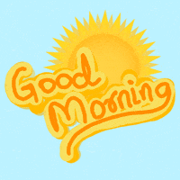 Text gif. The text, "Good Morning," appears in yellow and orange handwritten letters in front of a digital illustration of a bright yellow sun with sharp swirling beams of light radiating off of it. 
