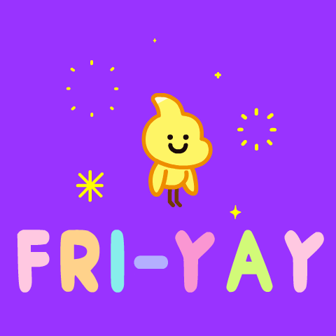 Digital art gif. A yellow bird-like creature jumps in excitement as fireworks go off around it. Colorful flashing text reads, "Fri-Yay."
