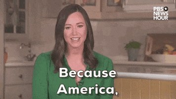 Political gif. Katie Britt is being interviewed on PBS Newshour and she's in her kitchen wearing a green blouse as she smiles and shrugs before pausing and saying, "Because America, we don't just have a rendezvous with destiny.”