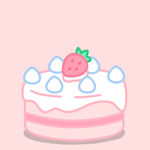 Digital illustration gif. Strawberry-topped cake with a yellow character popping out from under the strawberry waves its arms and blows a pink party horn from left to right as confetti bursts out all around it. Surprise! 
