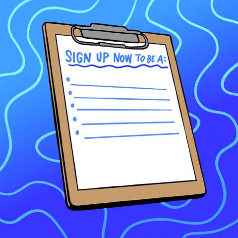 Illustrated gif. Clipboard with a handwritten list on it, a groovy blue abstract background behind. Text, "Sign up now to be a, door knocker, text banker, organizer, phone banker, canvasser, and help win the election!"