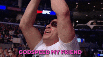 Celebrity gif. Vin Diesel stands up in the crowd at a UFC match. He claps his hands over his head and then spreads his arms out to scream loudly. Text, “Godspeed my friend.”