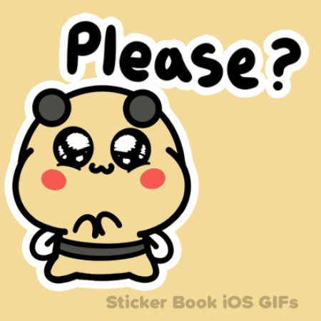 Kawaii gif. An adorable bumble bee with chubby, rosy cheeks and starry eyes puts its short arms together to plead with us. Text reads, "Please?"