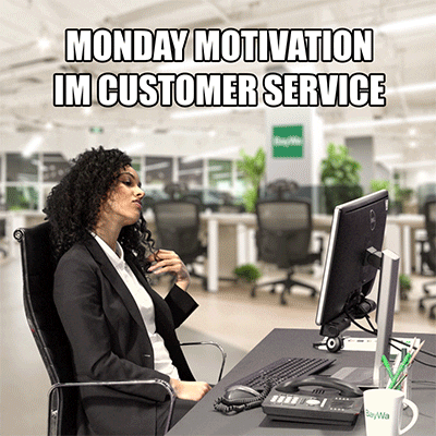 Video gif. Woman looks bored at her desk until the phone rings; she picks it up, puts it down, and joyfully types on her keyboard. Text, "Monday Motivation Im Customer Service."