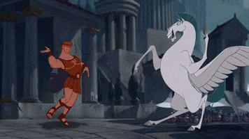 Disney gif. Hercules and Pegasus in Hercules knock heads and then high five.