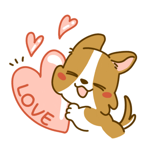 Kawaii gif.  A cute little corgi puppy hugs a pink heart that says, “Love,” on  it. The puppy rubs his cheek on the heart and tiny hearts fly out from the bigger one. 