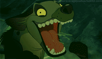 Disney gif. Ed the hyena from The Lion King spits out a loud uncontrollable laugh. 