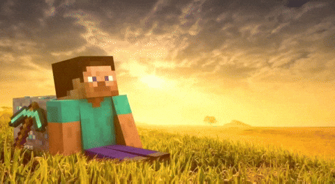 Minecraft's Steve leaning back in a wheat field, looking out at a sunset horizon