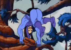 Cartoon gif. Skeletor kicks his legs and waves his arms, stuck hanging upside-down over a tree limb.