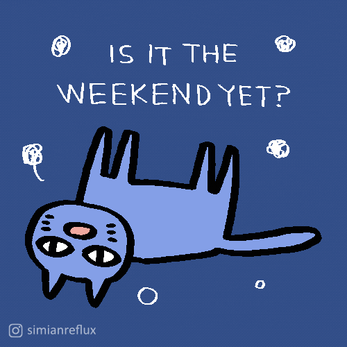 Cartoon gif. A cat is upside down and there are little white squiggles on the screen around it. Text, "Is it the weekend yet?"