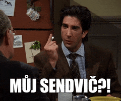 Friends gif. Angry David Schwimmer as Ross says dramatically to a co-worker in the lunchroom, “Muj Sendvic?!”