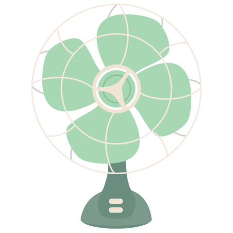 Digital art gif. A vintage green oscillating fan rotates on a white surface.  