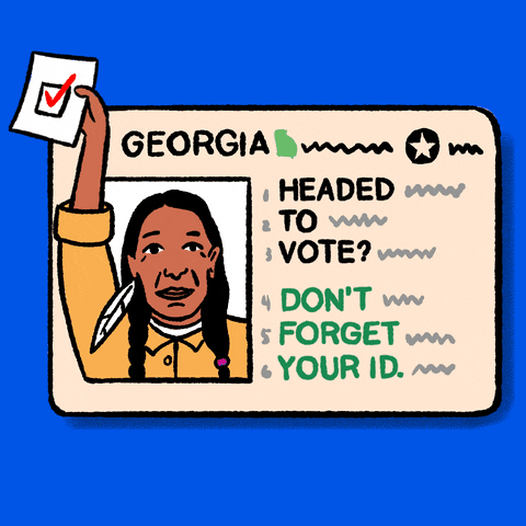 Digital art gif. Georgia identification card against a bright blue background flashes four different profiles, holding up a ballot, including a Native American man, a White woman, a Black woman, and a Latinx man. The ID card reads, “Headed to vote? Don’t forget your ID.”