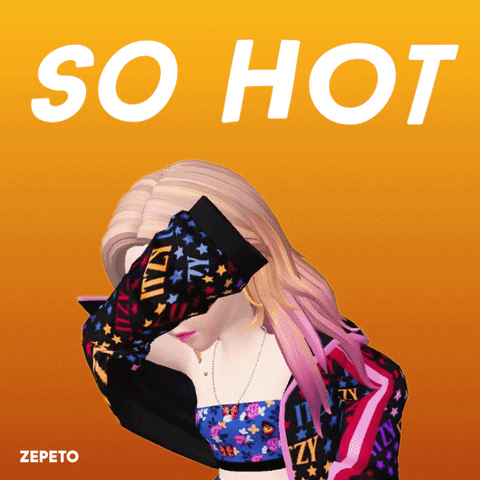 Digital art gif. Wearing a black jacket with a pattern that says "ITZY" and a blue tube top with butterflies on it, a woman with blonde and pink hair wipes her forehead with her sleeve and fans her face with her hand. We see wavy heat lines in the background, and wavy text at the top reads "So hot."