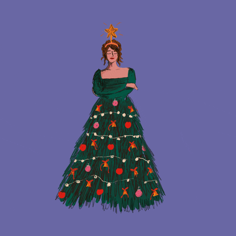 Illustrated gif. A woman wearing a dress that looks like a Christmas tree stands with her eyes closed and arms crossed. She's wearing the star of the tree on her head like a headband and it sparkles in unison with the ornaments on her dress.