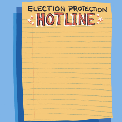 Text gif. Loose page from a yellow legal pad against baby blue, full of information, headlined "Election protection hotline," in stylized block letters surrounded by stars. Text, "English, 8-6-6-our-vote, 8-6-6, 6-8-7, 8-6-8-3. Spanish, 8-8-8-ve-y-vota, 8-8-8, 8-3-9, 8-6-8-2. Arabic, 8-4-4-yalla-us, 8-4-4, 9-2-5, 5-2-8-7. Asian, 8-8-8-API-vote, 8-8-8, 2-7-4, 8-6-8-3, languages include Bengali Cantonese Hindi Urdu Korean Mandarin Tagalog and Vietnamese.