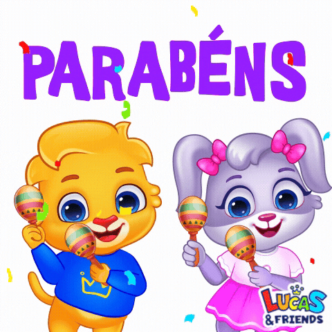 Cartoon gif. Lucas and Ruby from Lucas and Friends smile at us and dance in unison while they shake maracas. Confetti falls from above. Text reads, "Parabéns."