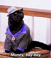 TV gif. Salem, the black cat in Sabrina the Teenage Witch is dressed up in a suit and a fedora. He says, “Money, bay-bay.”