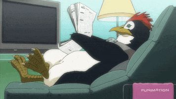 Anime gif. Pen Pen the Penguin in Neon Genesis Evangelion lounges with his webbed feel crossed. He reads a newspaper as he bounces his foot.