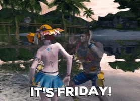Video game gif. A man and a woman dance awkwardly in tropical waters. Text, "It's Friday!"