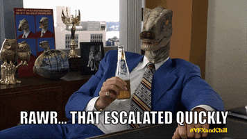 Video gif. A CGI dinosaur head edited onto Ron Burgundy from Anchorman body lounges at a desk, holding a beer and says, “Rawr… That escalated quickly.”