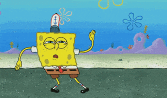 SpongeBob SquarePants gif. SpongeBob squints his eyes like he is in a trance, dancing, shifting from foot to foot and waving his arms.