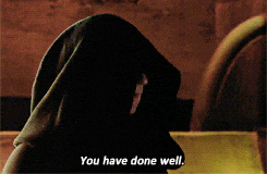 Star Wars gif. Wearing a large black hood that covers his eyes, Ian McDiarmid as Darth Sidious turns and says, "you have done well," which appears as text.