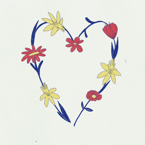 Cartoon gif. A chain of flowers, endlessly growing out of each other in the shape of a heart.