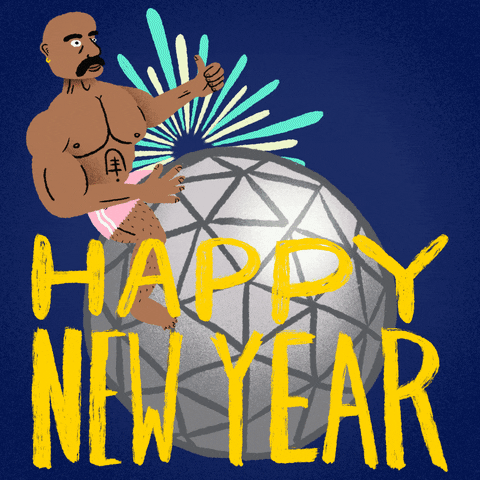 Illustrated gif. Muscular, shirtless man wearing pink athletic shorts sits on a silver disco ball as fireworks burst behind him. Text, "Happy new year."