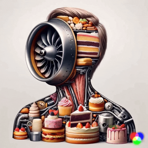 Digital art gif. A man's face is replaced by a propelling jet engine. Rather than muscles and bones underneath his skin, the man is made up of sweet treats, such as cakes, cupcakes and donuts. 