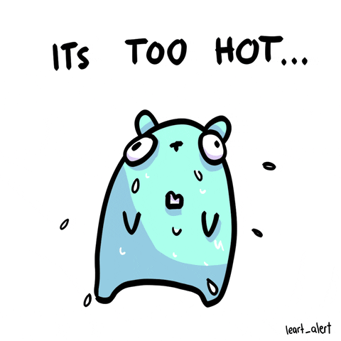 Illustrated gif. An aqua blue cartoon creature sweats profusely before melting into a steaming puddle on the ground. Text, "It's too hot."