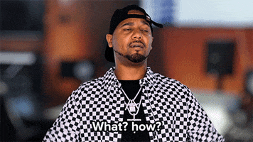 Celebrity gif. Juelz Santana covers his face with his hands in disbelief and says, “What? How?”
