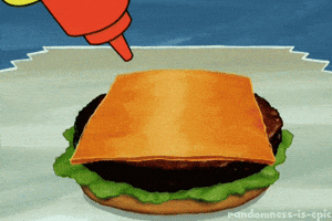 SpongeBob SquarePants gif. SpongeBob squirts a heart shaped blob of ketchup onto a Krabby Patty.