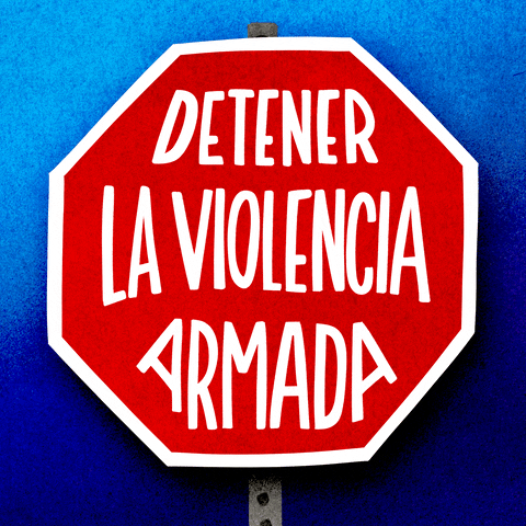 Digital art gif. Cartoon stop sign with large white all-caps letters that read, "Detener la violencia armada," all against an ombre blue backdrop.