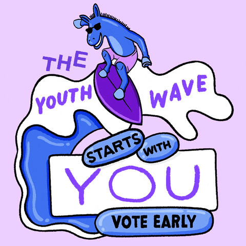 Illustrated gif. Blue donkey surfing over a wave of graphic lettering on a dusty lavender background. Text, "The youth wave starts with you. Vote early."