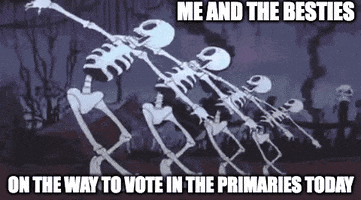 Disney gif. Four excited skeletons from The Skeleton Dance dance sideways in sync through a graveyard. Text, “Me and the besties on the way to vote in the primaries today.”