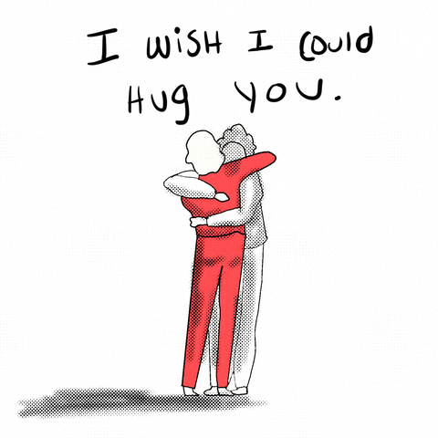 Illustrated gif. A person in red and a person in white embrace each other completely. Text, 