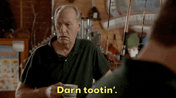 TV gif. Craig T Nelson as Dale in Young Sheldon. He holds a coffee cup and leans on a table in an outdoors store and looks aghast as he says, "You're darn tootin!"