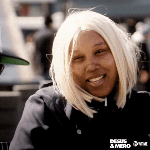 TV gif. In a scene from Desus and Mero, a cheerful young woman in a black jacket punctuates her words by pointing offscreen. Text, "True that, true that".