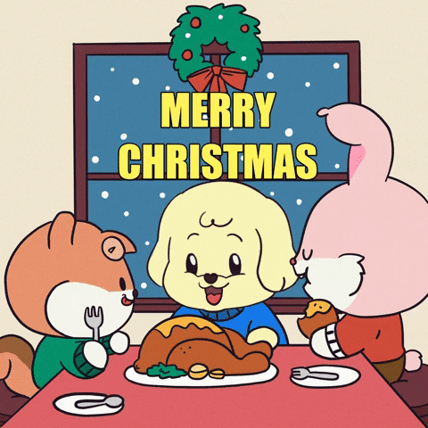 Cartoon gif. A squirrel, a dog, and a bunny sit around a dining table, enjoying turkey dinner as snow falls outside. Text, “Merry Christmas.”