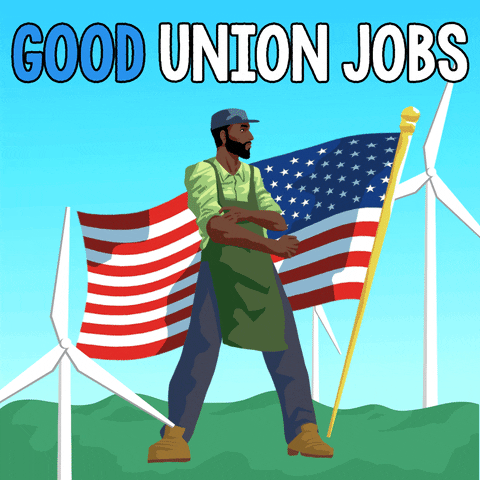 Good Union Jobs - worker posed with an American flag.
