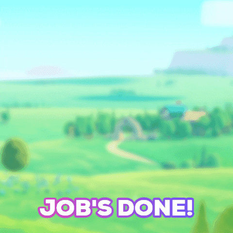 Video game gif. Bigs the Builder in Everdale appears smiling at us. He swipes his gloved hands and dust flies off of them. He wipes his forehead of sweat. Text, “Job’s done.”