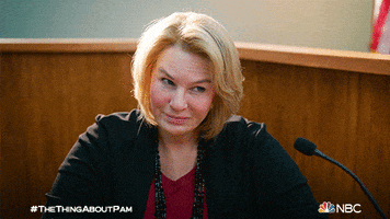 TV gif. Renee Zellweger as Pam Hupp of The Thing About Pam stands behind a microphone, points and says "I see that."