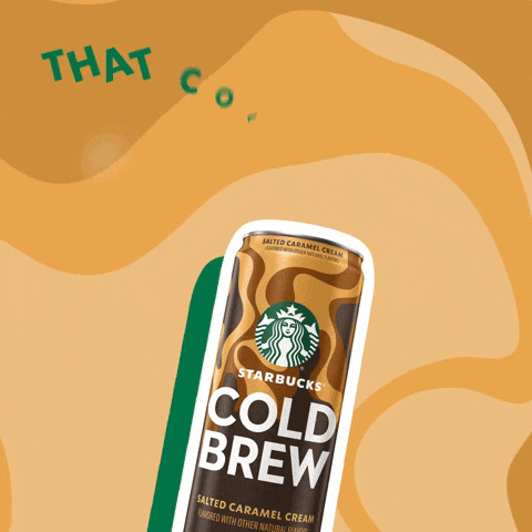 Sponsored gif. Digital illustration of a can of Starbucks Salted Caramel Cream Iced Coffee outlined in Starbucks white and green bobs around against a wavy orange background. Text slowly appears in frame that says, "That cold brew feeling.". 