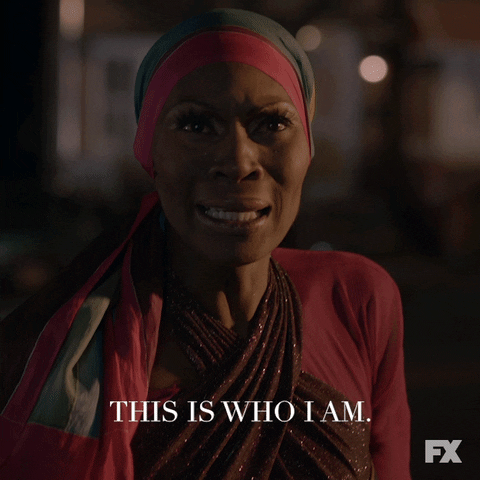 TV gif. Dominique Jackson as Elektra Abundance in Pose gasps as she speaks emphatically with tears in her eyes, saying, "This is who I am."
